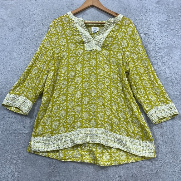 Sigrid Olsen Tops - Sigrid Olsen Blouse Womens XL Embroidered Tunic Top 3/4 Sleeve Lime Boho‎